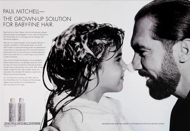 image of a classic Paul Mitchell Kids ad featuring John Paul and Michaeline DeJoria