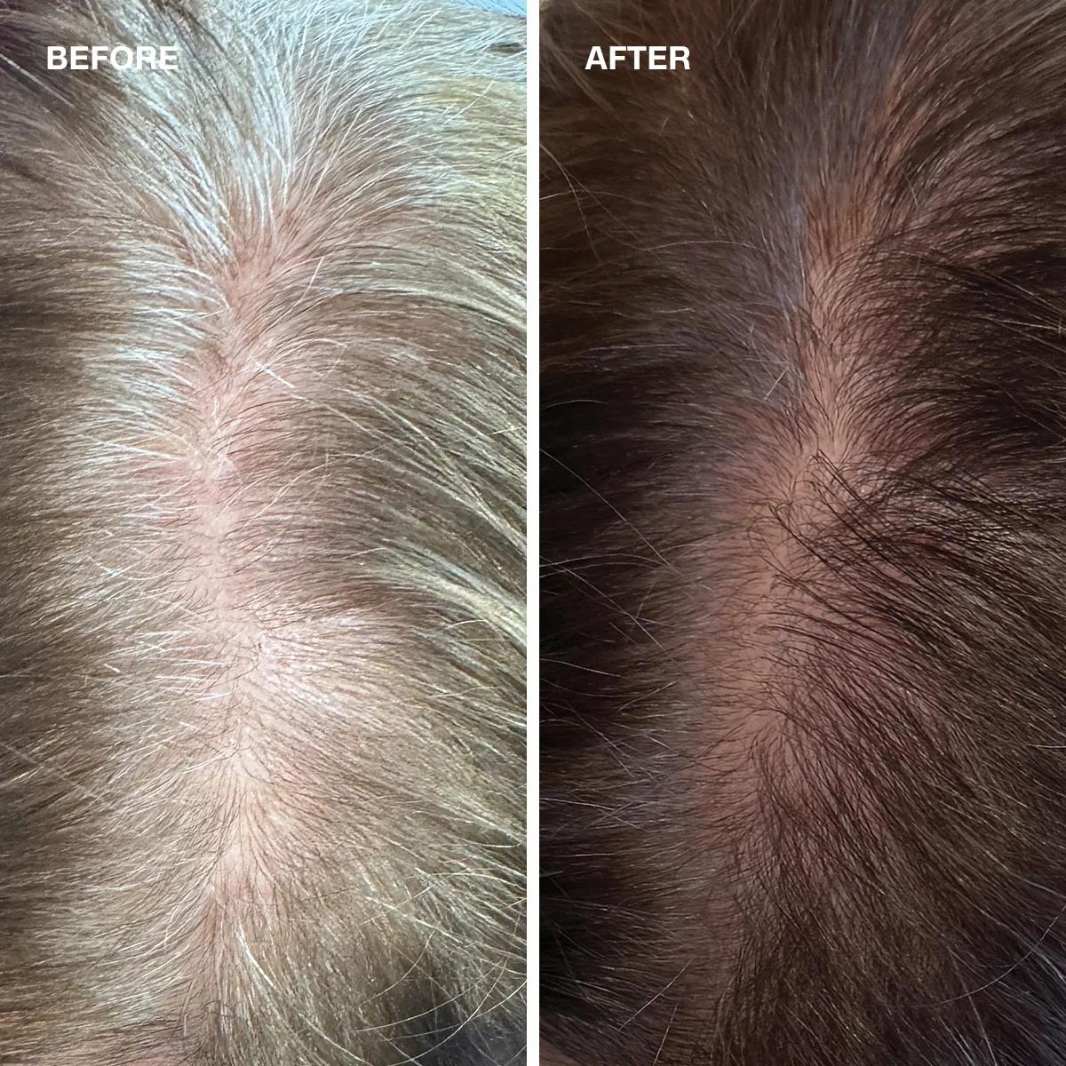 before/after macro image of a woman's hair roots